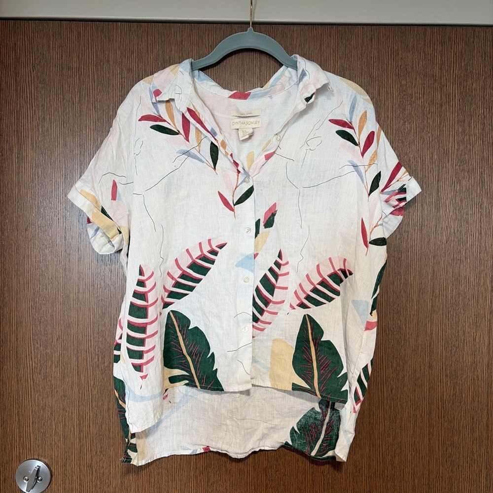 Cynthia Rowley Women's 100% Linen Tropical Button Up Top Size M Casual Relaxed